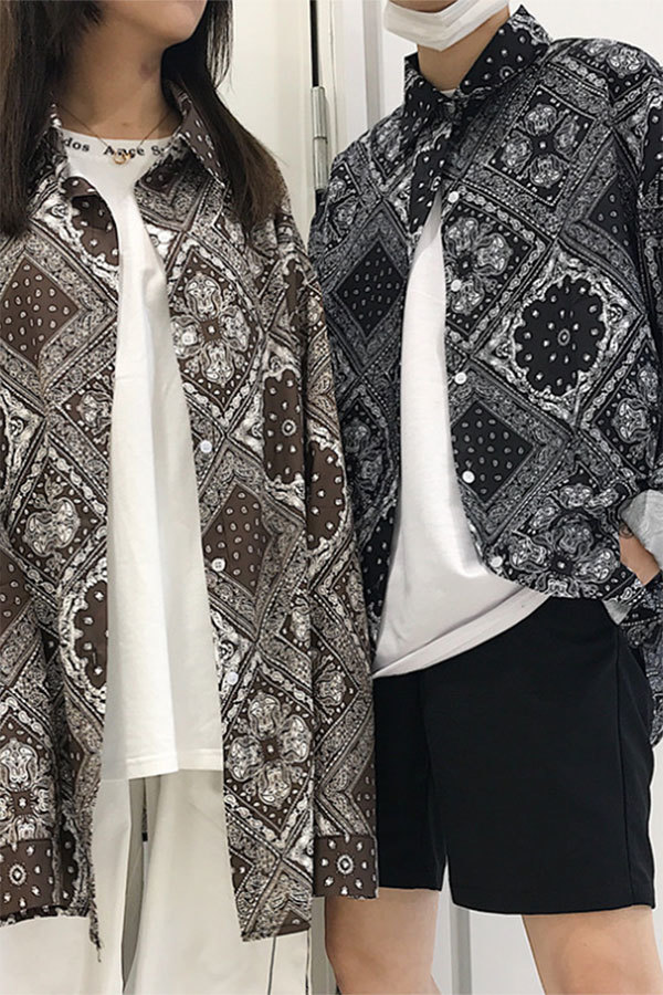 긴팔 반다나 오버핏 페이즐리 패턴 커플 셔츠