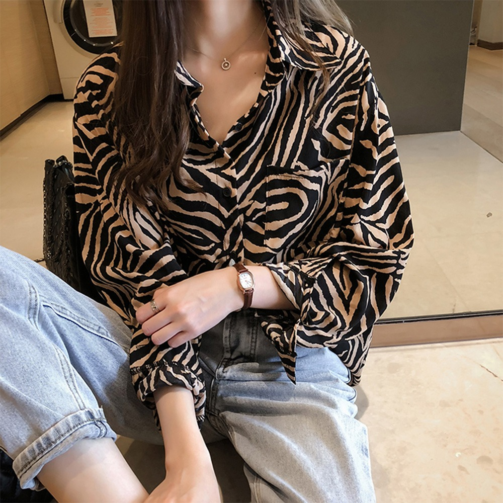 지브라 프린트 여성 셔츠 긴팔 블라우스 호피무늬