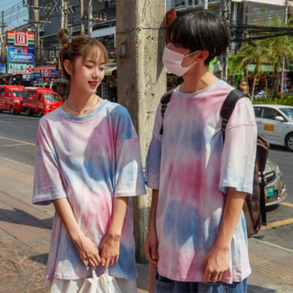 핑키 물나염 루즈핏 반팔 티셔츠 커플룩