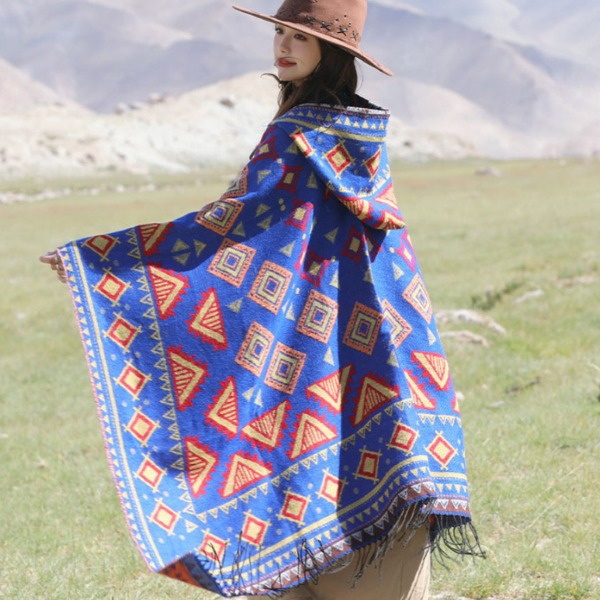 삼각패턴 후드숄 망토 담요 캠핑 몽골여행